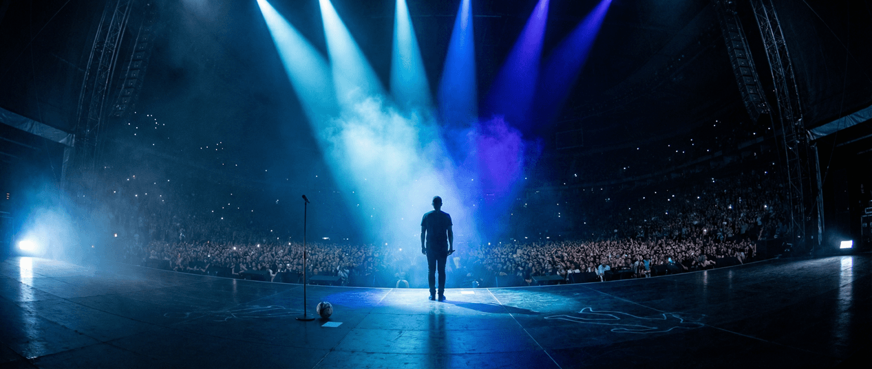 Performer on a dramatic stage facing a crowd